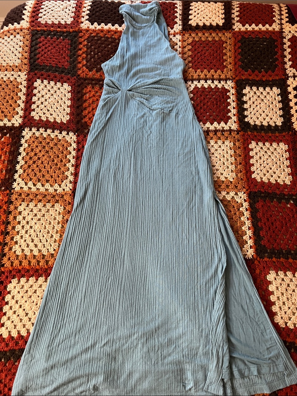 We The Free Dusty Blue High-Neck Ribbed Maxi Dress